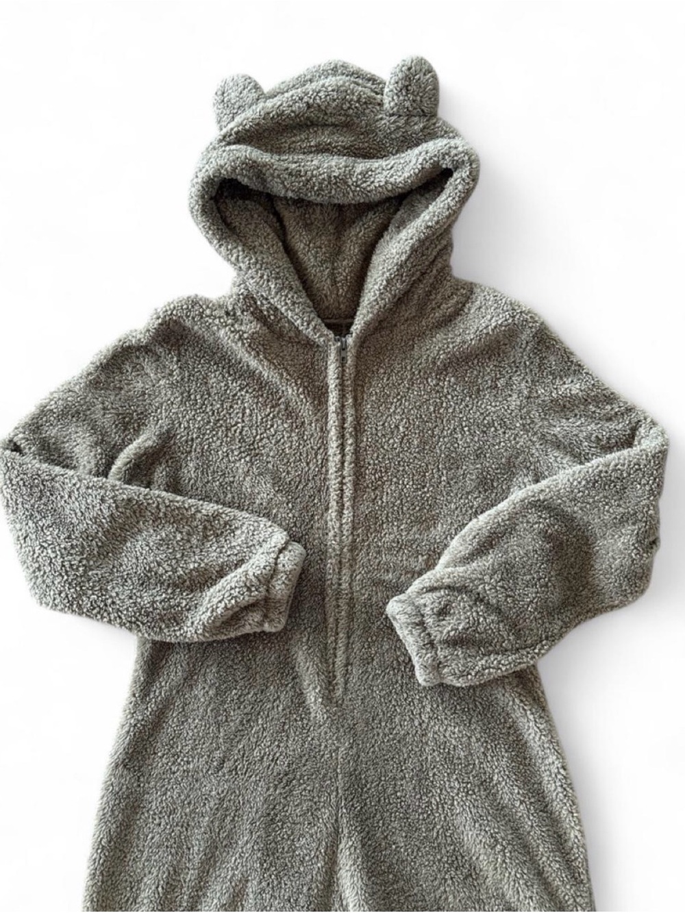 Olive Green/Brown Bear Plush Fleece Hooded One Piece Jumpsuit - Picture 3 of 6